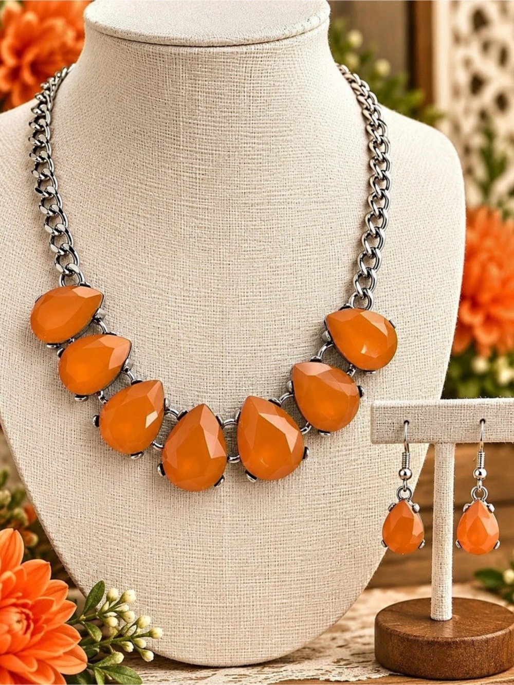 paparazzi Talented Teardrops - Orange Statement Necklace Set